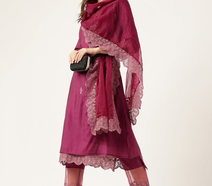 Divena Solid Purple Chanderi Embroidered Kurta with Inner Trouser Inner & Dupatta Set