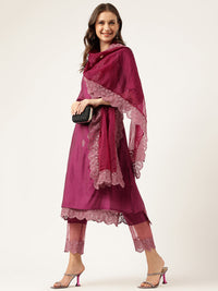 Divena Solid Purple Chanderi Embroidered Kurta with Inner Trouser Inner & Dupatta Set