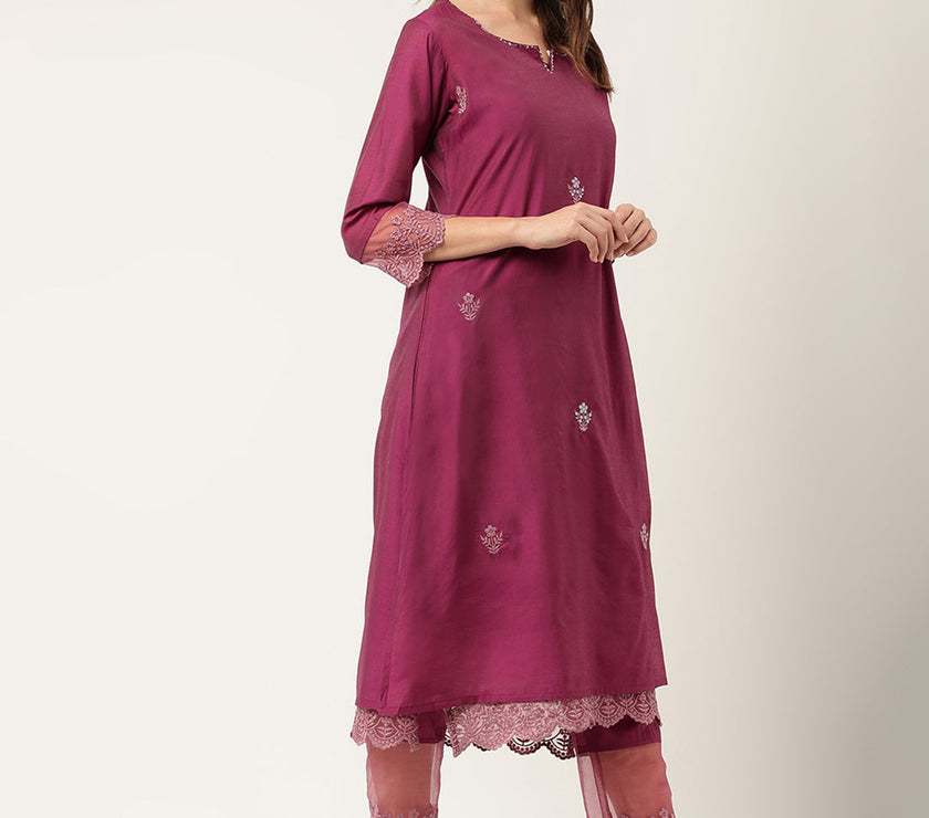 Divena Solid Purple Chanderi Embroidered Kurta with Inner Trouser Inner & Dupatta Set