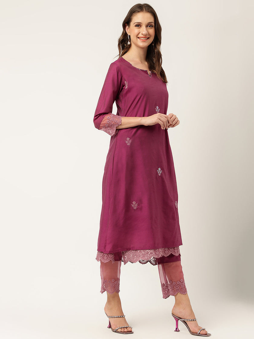 Divena Solid Purple Chanderi Embroidered Kurta with Inner Trouser Inner & Dupatta Set