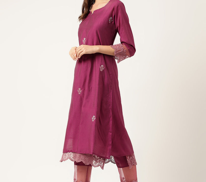 Divena Solid Purple Chanderi Embroidered Kurta with Inner Trouser Inner & Dupatta Set