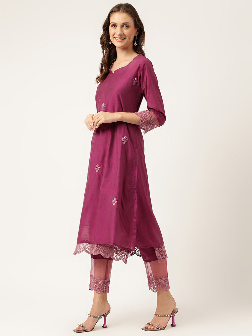 Divena Solid Purple Chanderi Embroidered Kurta with Inner Trouser Inner & Dupatta Set