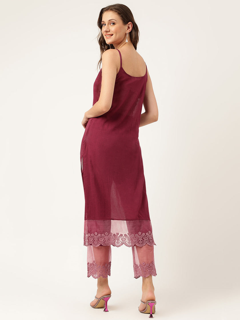 Divena Solid Purple Chanderi Embroidered Kurta with Inner Trouser Inner & Dupatta Set