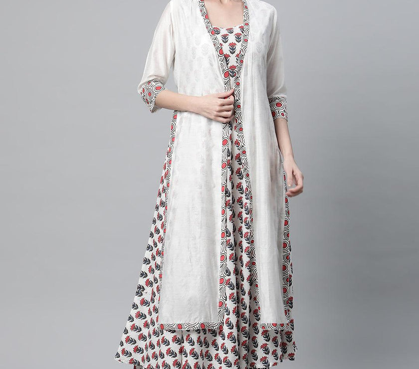 Divena White Floral Kurta Pant Set with Chanderi Shurg - divena world