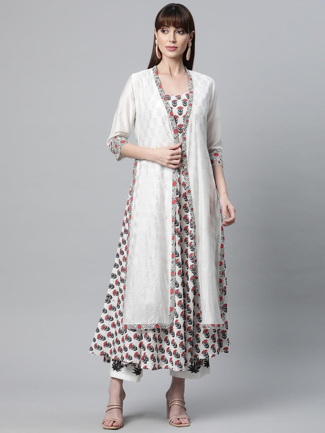 Divena White Floral Kurta Pant Set with Chanderi Shurg - divena world