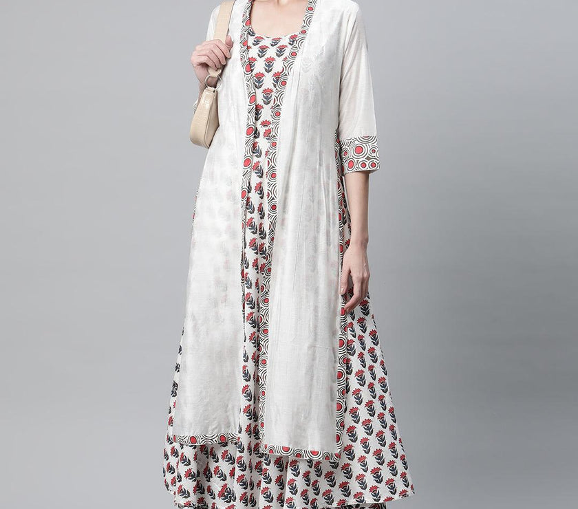 Divena White Floral Kurta Pant Set with Chanderi Shurg - divena world