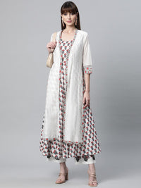 Divena White Floral Kurta Pant Set with Chanderi Shurg - divena world