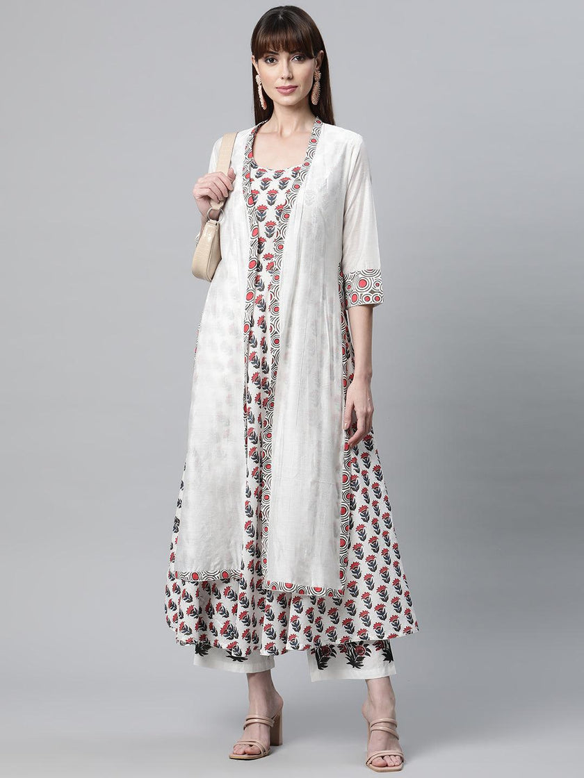 Divena White Floral Kurta Pant Set with Chanderi Shurg - divena world