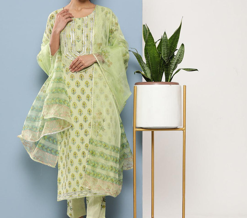 Divena Green Cotton Straight pant set with Organza Dupatta - divena world