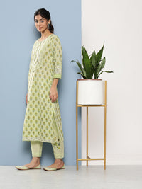 Divena Green Cotton Straight pant set with Organza Dupatta - divena world