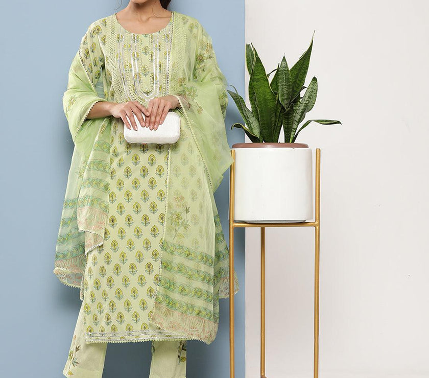 Divena Green Cotton Straight pant set with Organza Dupatta - divena world