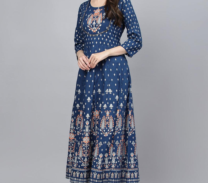 Divena Indigo Ethnic Motif Rayon Anarkali Kurta - divena world