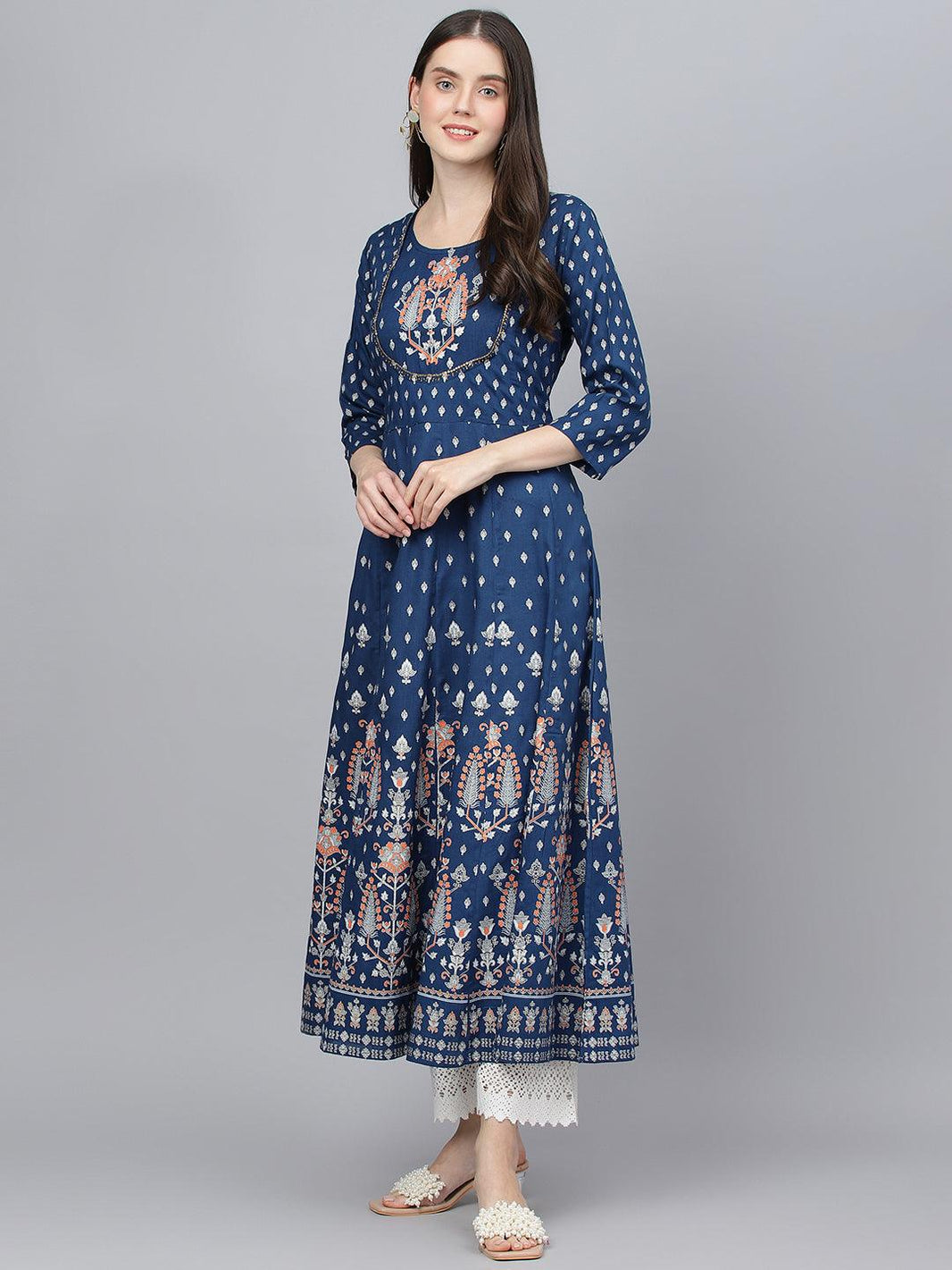 Divena Indigo Ethnic Motif Rayon Anarkali Kurta - divena world