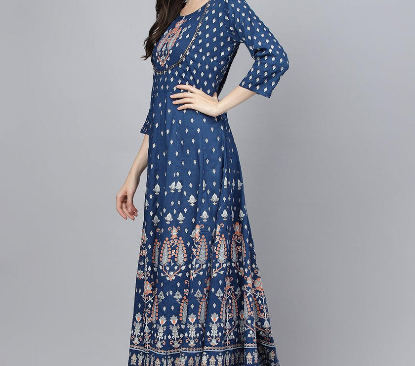 Divena Indigo Ethnic Motif Rayon Anarkali Kurta - divena world