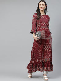 Divena Maroon Rayon A-line Kurta with Belt - divena world