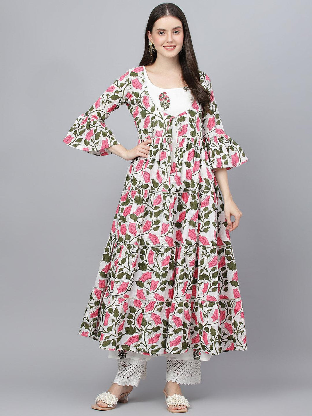 Divena White Floral Cotton Anarkali Kurta with Jacket - divena world