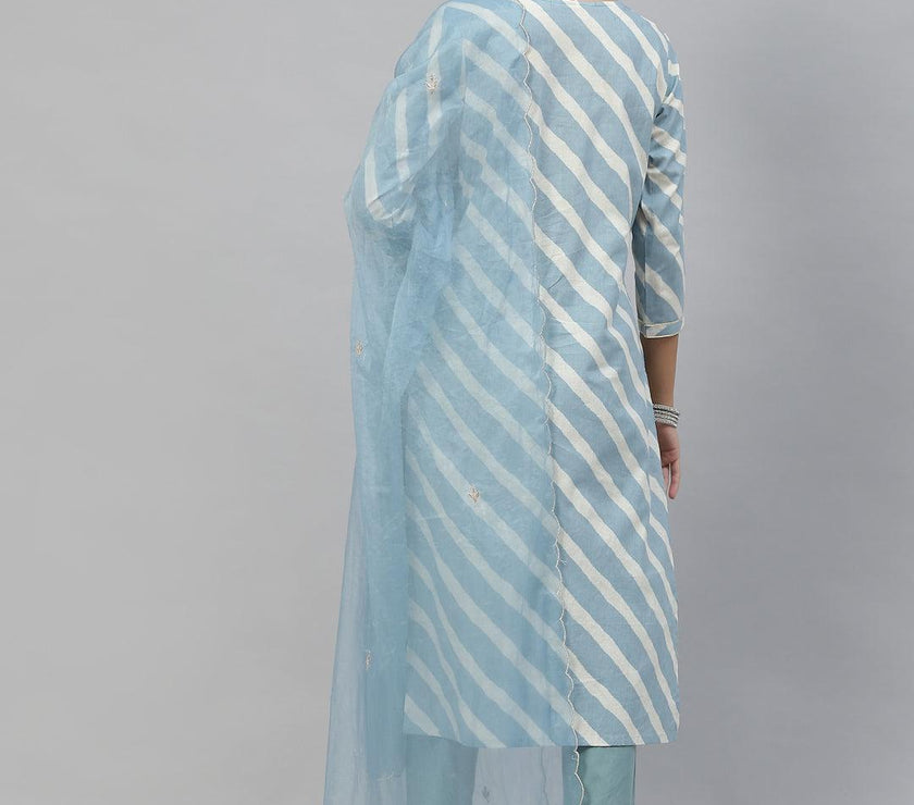 Divena Sky Blue Leheriya Cotton Kurta Pant set With Organza Dupatta - divena world