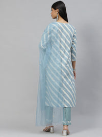 Divena Sky Blue Leheriya Cotton Kurta Pant set With Organza Dupatta - divena world