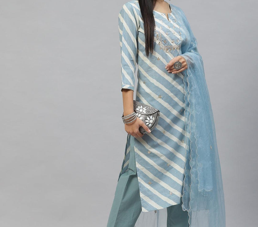 Divena Sky Blue Leheriya Cotton Kurta Pant set With Organza Dupatta - divena world