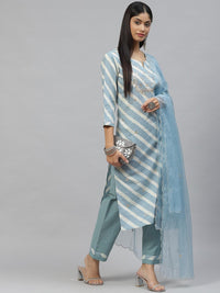 Divena Sky Blue Leheriya Cotton Kurta Pant set With Organza Dupatta - divena world