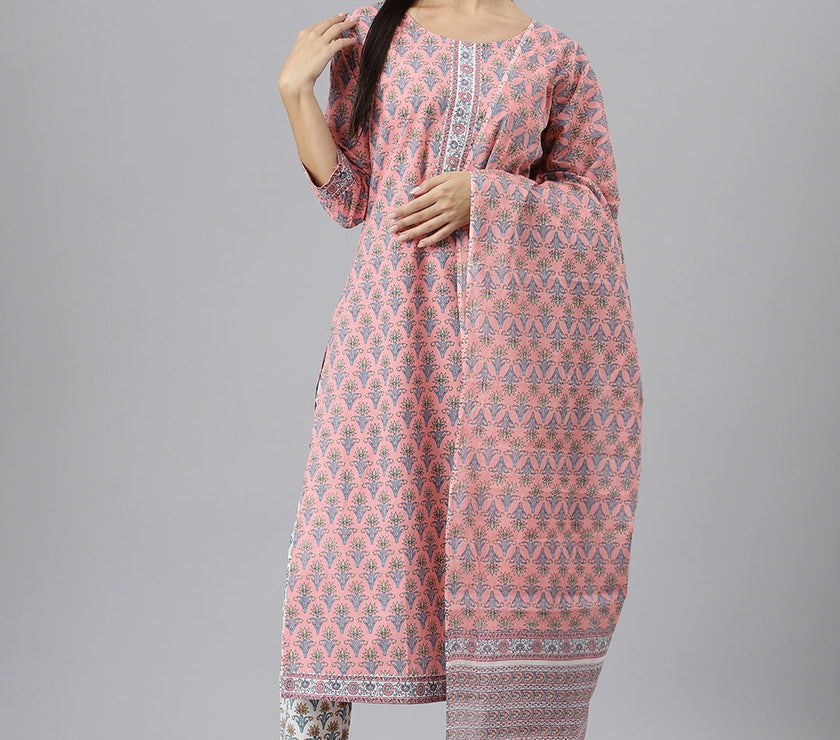 Divena Women Pink Printed Gotta Patti Pure Cotton Kurta with Trousers & Dupatta