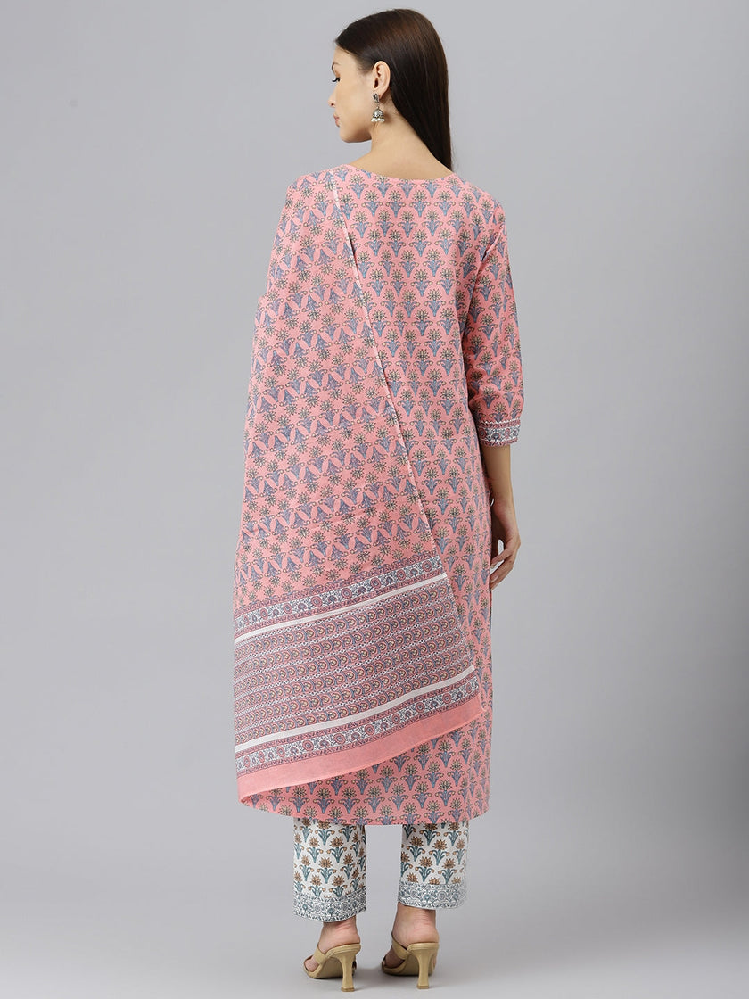 Divena Women Pink Printed Gotta Patti Pure Cotton Kurta with Trousers & Dupatta