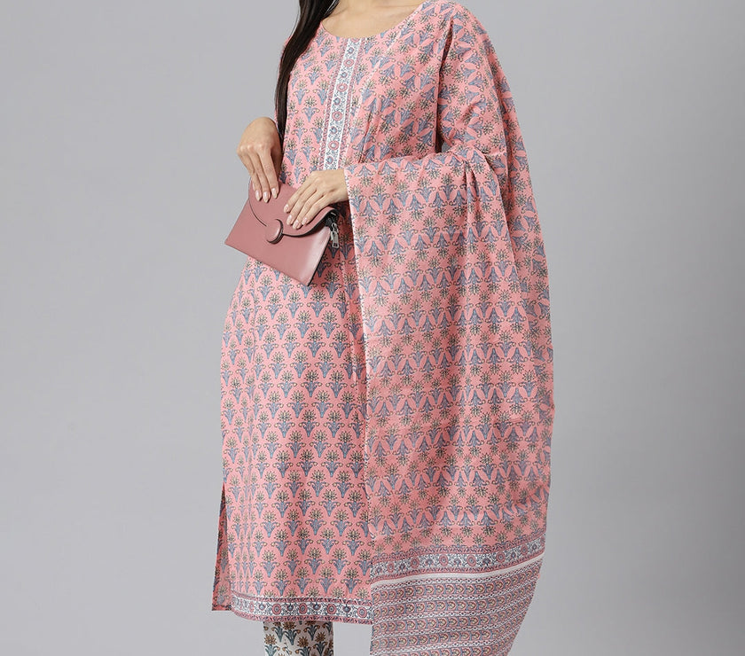 Divena Women Pink Printed Gotta Patti Pure Cotton Kurta with Trousers & Dupatta