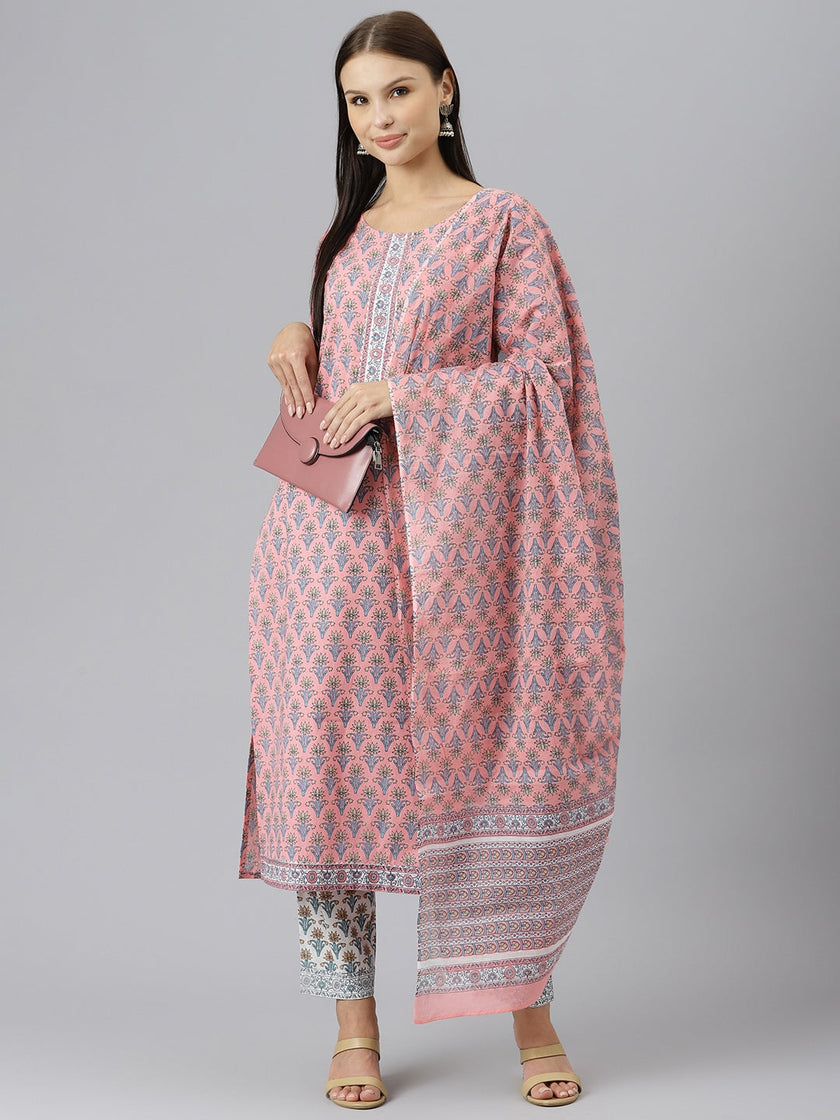 Divena Women Pink Printed Gotta Patti Pure Cotton Kurta with Trousers & Dupatta