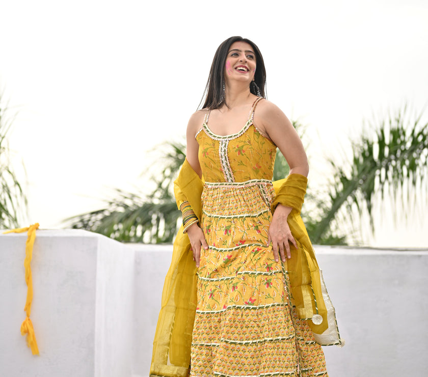 Divena Yellow Cotton Sleeves less anarkali Skirt Set With Dupatta