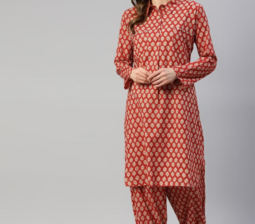 Divena Maroon Cotton Shirt Style Kurta Hem Cuffed Pant Co-ord Set