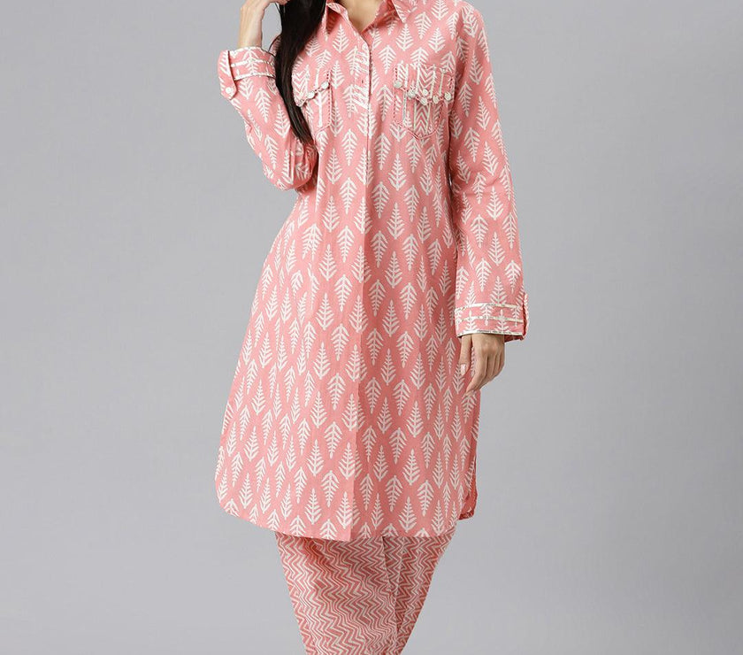 Divena Pink Cotton Shirt Style Kurta Hem Cuffed Pant Co-ord Set - divena world