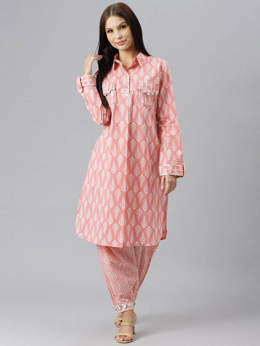 Divena Pink Cotton Shirt Style Kurta Hem Cuffed Pant Co-ord Set - divena world