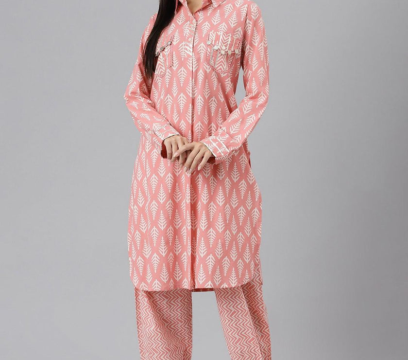 Divena Pink Cotton Shirt Style Kurta Hem Cuffed Pant Co-ord Set - divena world