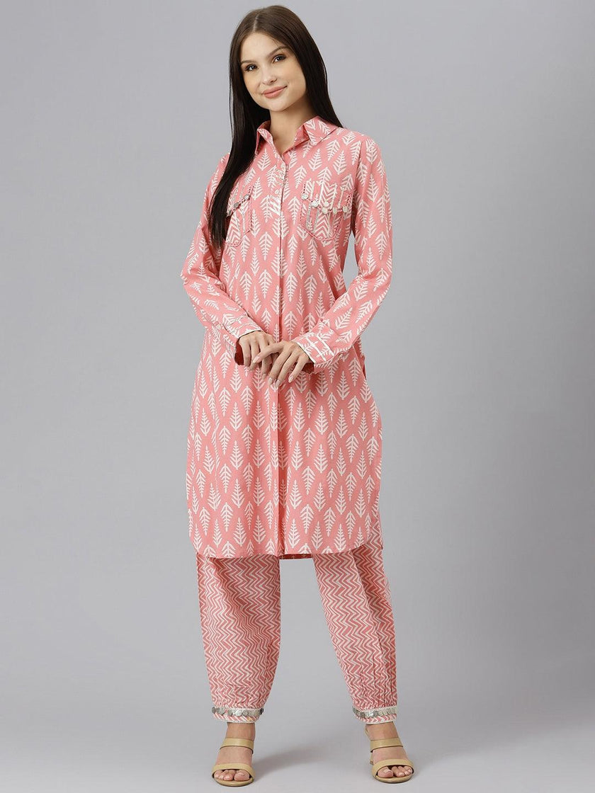 Divena Pink Cotton Shirt Style Kurta Hem Cuffed Pant Co-ord Set - divena world