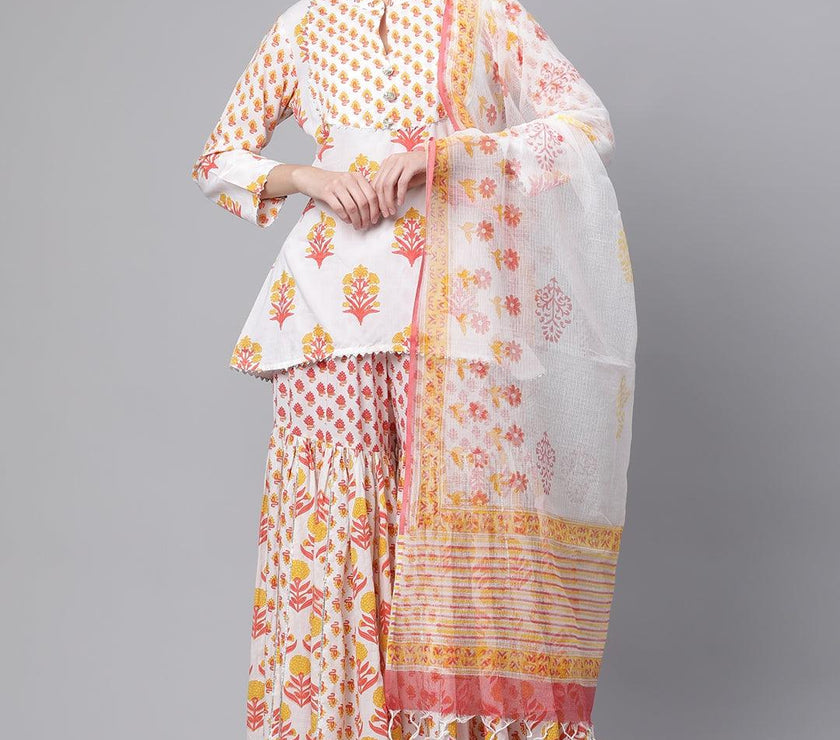 Divena Yellow White Peplum Top Sharara Set with Dupatta - divenaworld.com