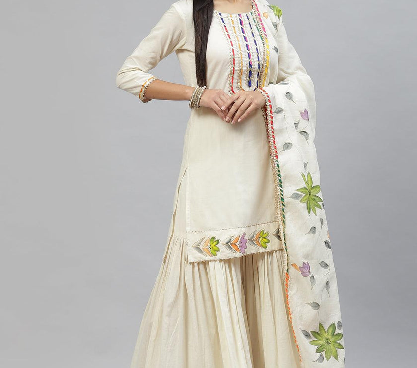 Divena Cream Solid Kurta Sharara Set with Hand Painted Dupatta - divena world