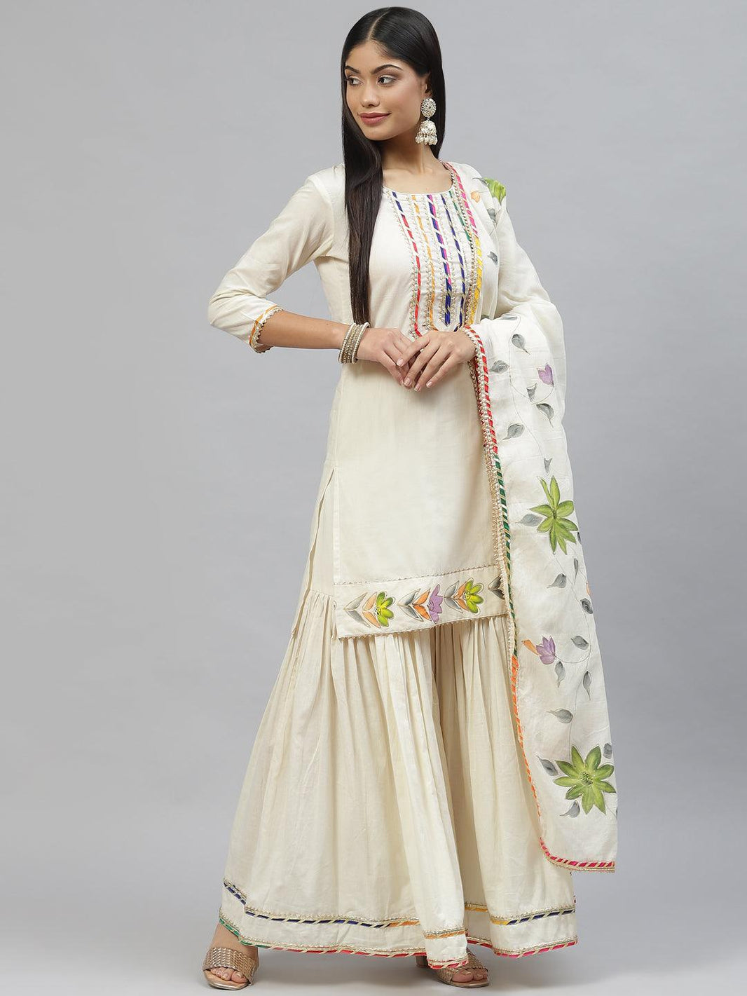 Divena Cream Solid Kurta Sharara Set with Hand Painted Dupatta - divena world