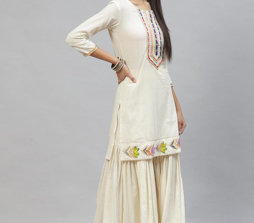 Divena Cream Solid Kurta Sharara Set with Hand Painted Dupatta - divena world