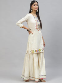 Divena Cream Solid Kurta Sharara Set with Hand Painted Dupatta - divena world