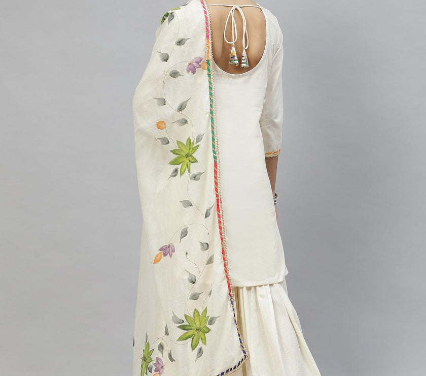 Divena Cream Solid Kurta Sharara Set with Hand Painted Dupatta - divena world