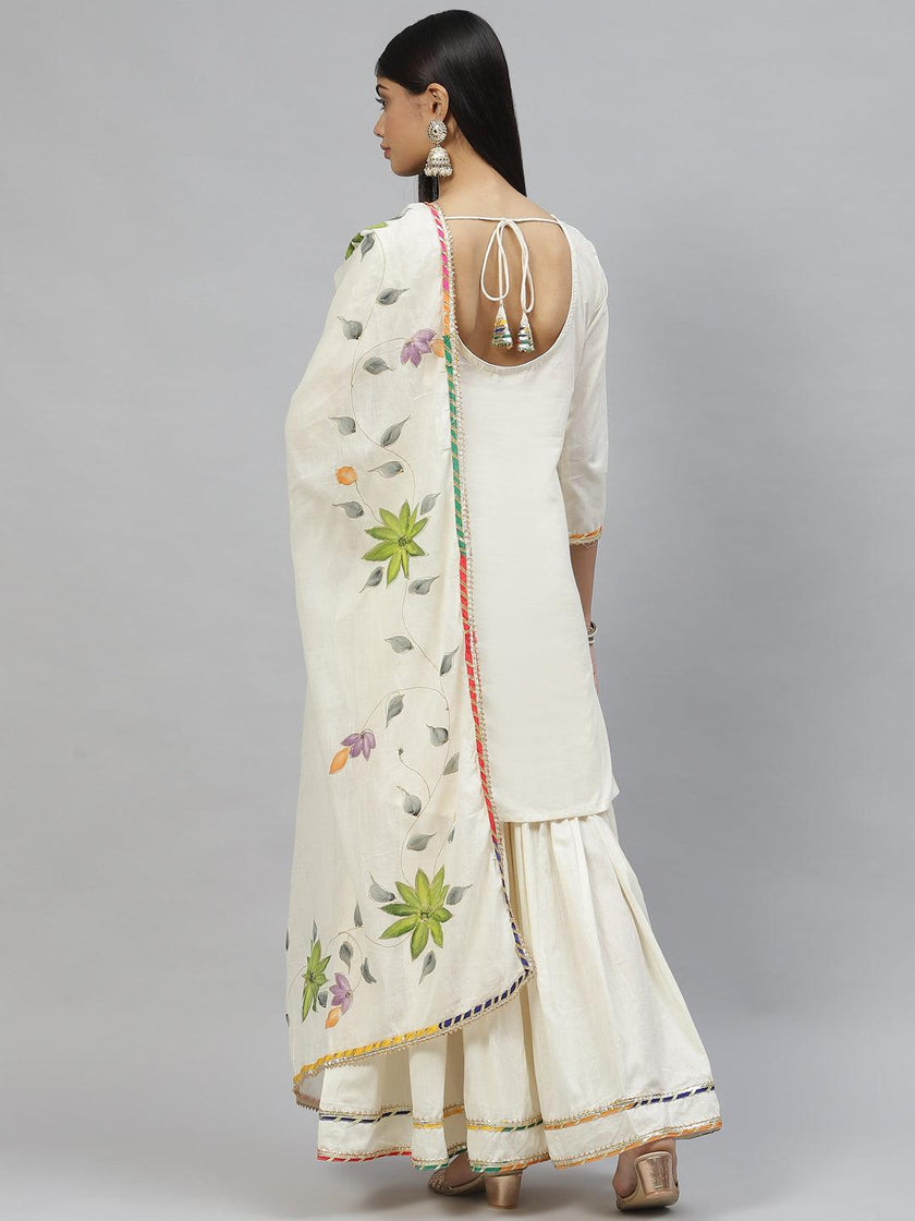 Divena Cream Solid Kurta Sharara Set with Hand Painted Dupatta - divena world