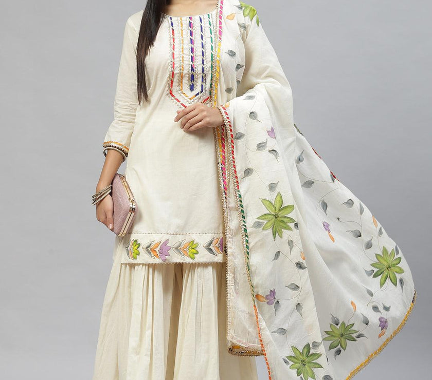 Divena Cream Solid Kurta Sharara Set with Hand Painted Dupatta - divena world