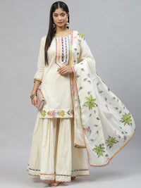 Divena Cream Solid Kurta Sharara Set with Hand Painted Dupatta - divena world