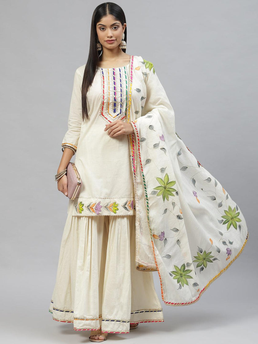 Divena Cream Solid Kurta Sharara Set with Hand Painted Dupatta - divena world