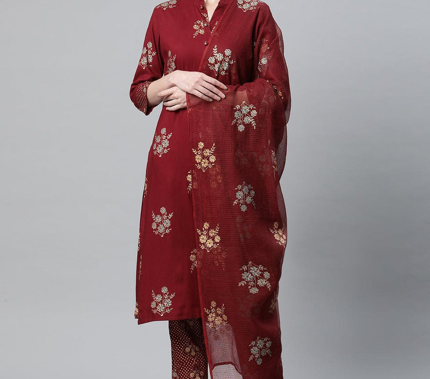 Divena Maroon Rayon Kurta Pant Set with kota doria Dupatta - divena world