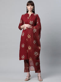 Divena Maroon Rayon Kurta Pant Set with kota doria Dupatta - divena world