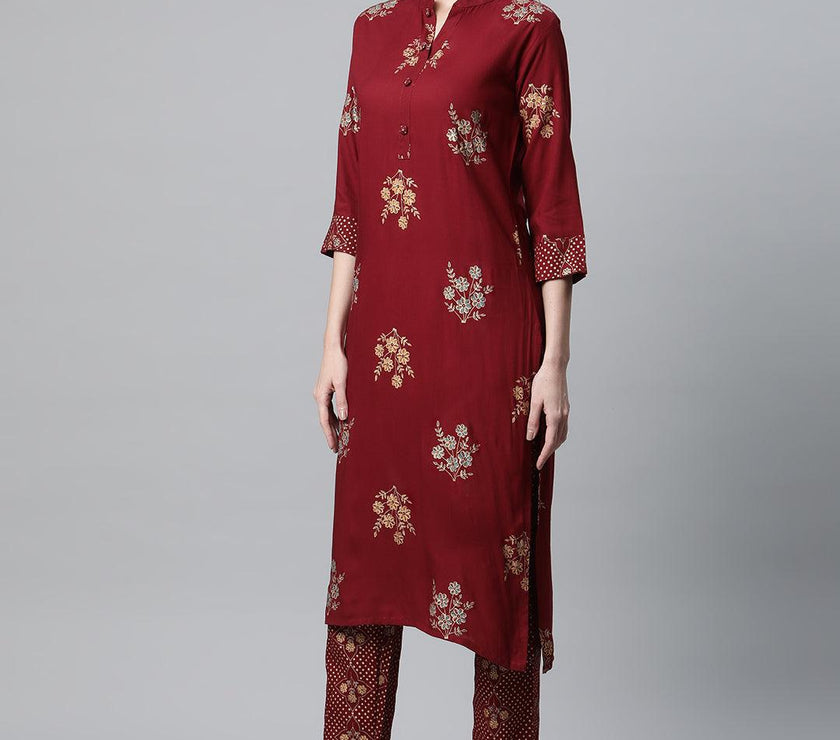 Divena Maroon Rayon Kurta Pant Set with kota doria Dupatta - divena world