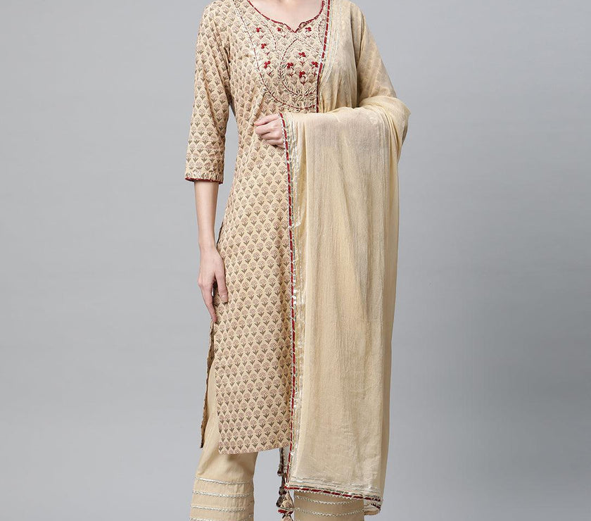 Divena Beige Color Cotton Straight Kurta Pant Set with Dupatta - divena world