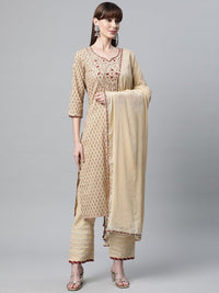 Divena Beige Color Cotton Straight Kurta Pant Set with Dupatta - divena world