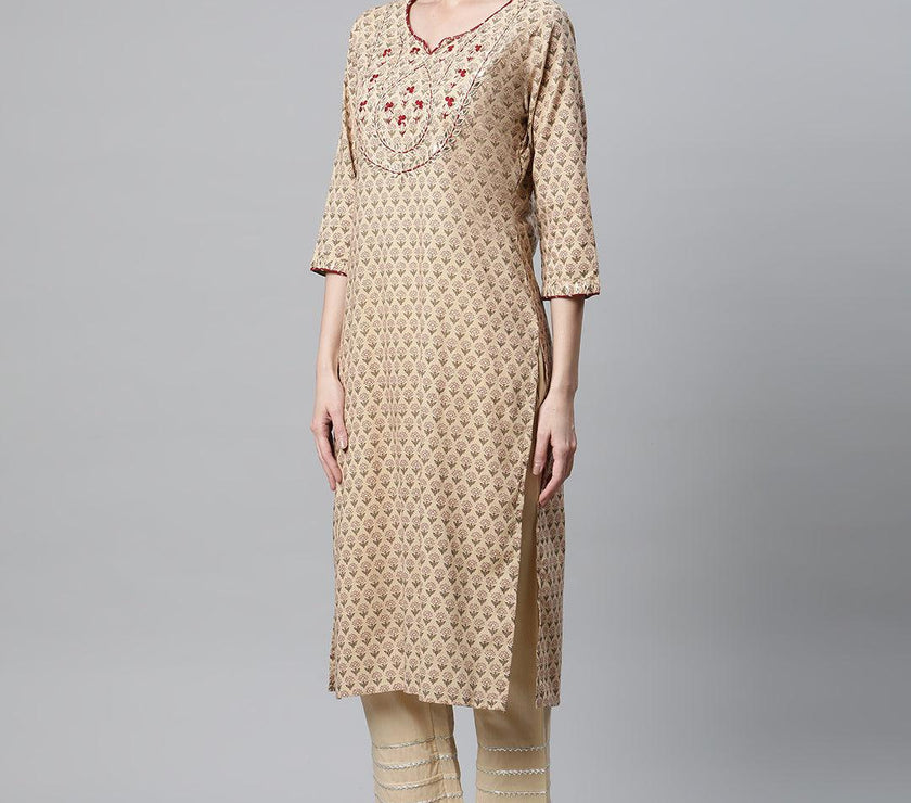 Divena Beige Color Cotton Straight Kurta Pant Set with Dupatta - divena world